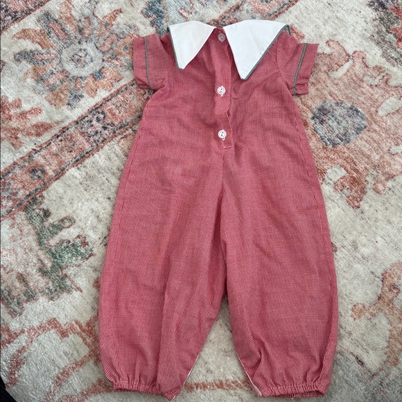 Vintage Red Gingham Baby Romper with Embroidered Holiday Collar - Picture 6 of 9